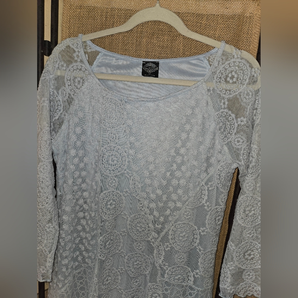 Women's Calstyle Sheer Embroidered Lined Elegant Lace Dress in Light Blue Medium - Picture 6 of 11
